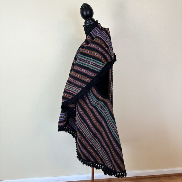 Handwoven Multicolor Striped Womens Vest Medium Poncho Fringe Ehnic Boho Cotton - Picture 3 of 7
